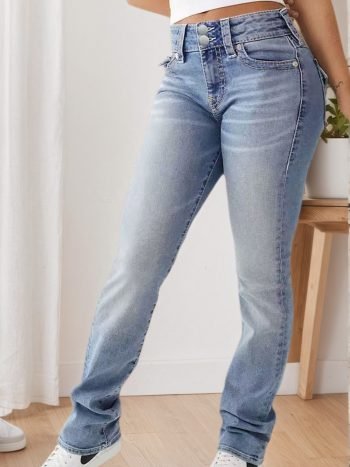 Women's High Waisted Elastic Slim Fit Wide Leg Jeans - Retro Washed Light Blue, All Season Casual Pants, Built-in Zipper, Machine Washable, Multifunctional, Comfortable And Fashionable Clothing