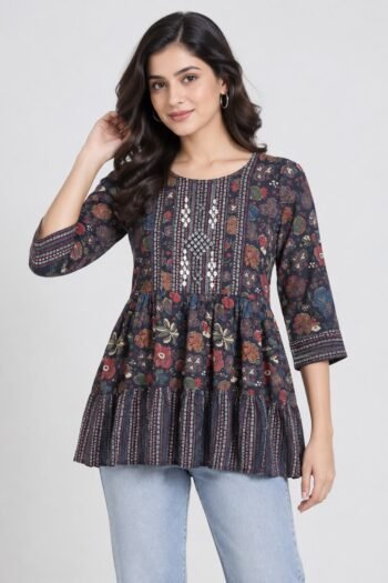 Navy Printed Kurti For Women